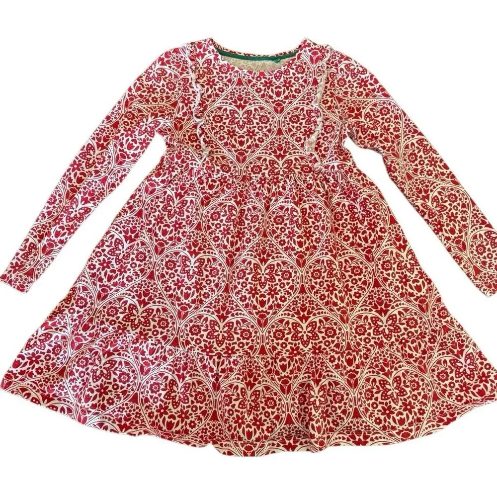 Mini Boden | Scandinavian Folk Floral Dress Red White Ruffle Tiered | Girls 9-10